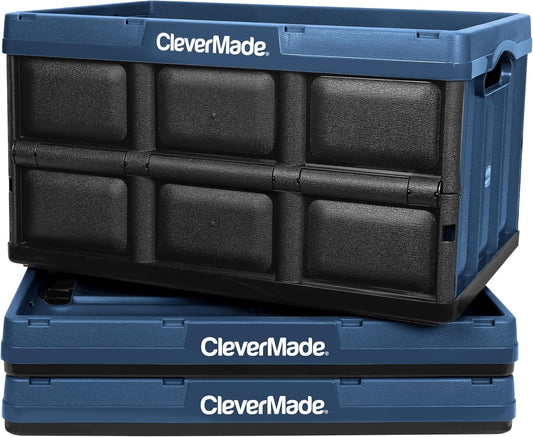 CleverMade Collapsible Storage Bins - Ocean 3 Pack 46L / 12 Gal holds 66 lbs - Stackable Containers Heavy Duty Capacity Crates Space-Saving