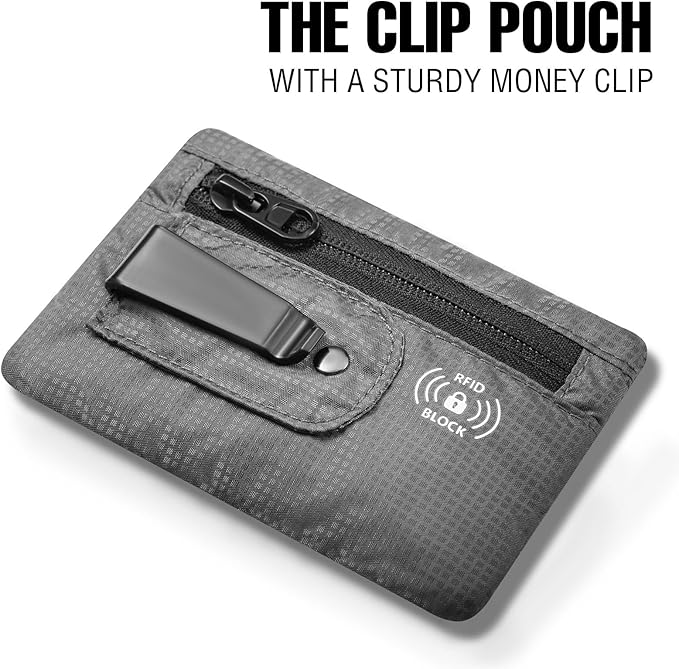 RFID Blocking Clip Stash Pocket, Compact Hidden Travel Belt Wallet for Cards & Cash - Slim Pickpocket-Proof Design for Everyday Carry (Grey, Medium)