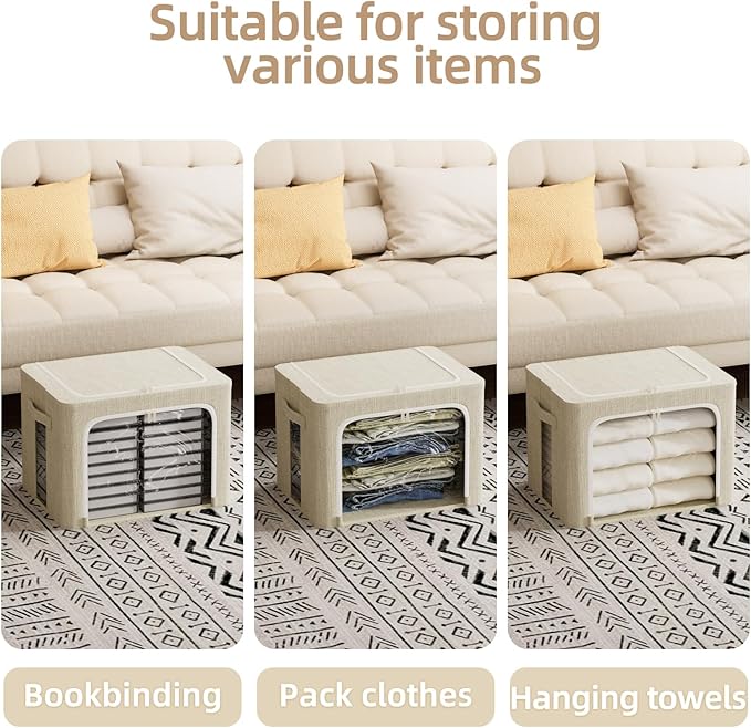 FHSQX 8 Pack Clothes Storage Bins - Foldable Storage Bins for Clothes Fabric Storage Box with Metal Frame (Beige, 19.7x15.7x13.8 inch)