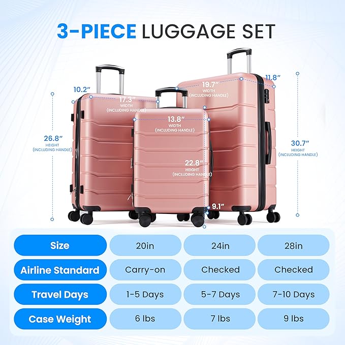 Simple Deluxe 28 Inch Hardside Carry On Luggage, Suitcase with Double Spinner Wheels & TSA Lock, Hard Shell Suitcase, Expandable Rolling Lightweight Luggage, Pink