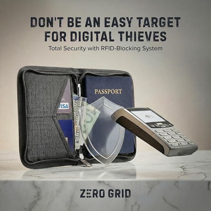 Zero Grid RFID Family Passport Holder for up to 6 Passports, Large Zippered Wallet for Men & Women, Fits Cards, Cash, ID, Sim Card, AirTag; Premium & Compact Travel Document Holder - Shadow Grey