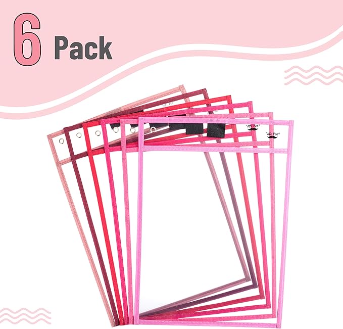 Mr. Pen- Dry Erase Pocket Sleeves, 6 Pack, 10"x14", Pink Shades Color Theme, Dry Erase Pockets Reusable Sleeves, Job Ticket Holders with Marker Holder & Metal Eyelet