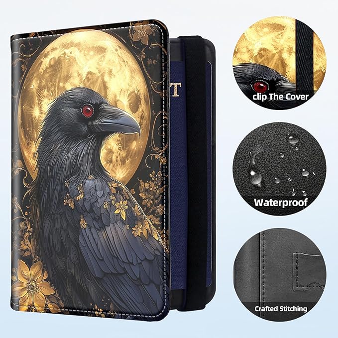 RFID Security Premium Passport and Travel Document Holder Combo, Slim PU Leather Folio Wallet with 3 Card Slots & Boarding Pass Pocket, Secure Elastic Closure Organizer, Black Crow Full Moon