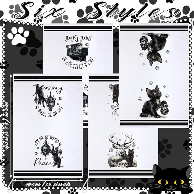 Bencailor 6 Pcs Gothic Kitchen Towels Black Cat Skull Dish Hand Towels Goth Tea Washcloth for Gothic Party Gifts Bathroom Kitchen Goth Decor, 24 x 16''