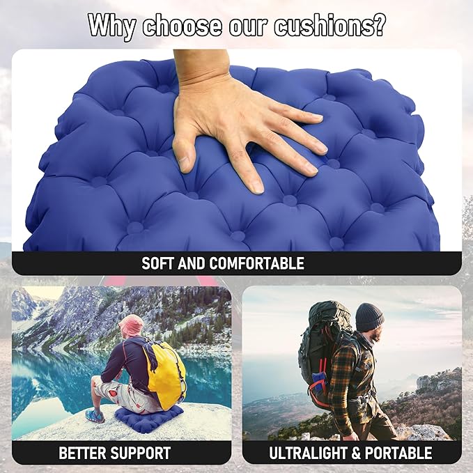 Inflatable Seat Cushion, Lightweight Stadium Seat Pad, Travel Air seat Cushion Anti-Slip for Airplane, Hiking, Climbing, Home and Camping,Navy Blue