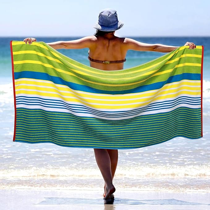 Superior Cotton Beach Towel, Absorbent Oversized Towel for Swimming Pool, Camping, Bathroom, Shower, Large, Quick Drying, Adults, Kids, Colorful, Mira Striped Collection, 68" x 34", Yellow-Green