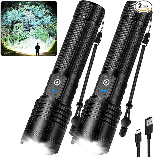 Flashlight Rechargeable LED High Lumens, 99,000 Lumens Super Bright Flash Lights with 5 Modes, Adjustable，Waterproof Powerful Linterna for Home, Camping(2 Pack)