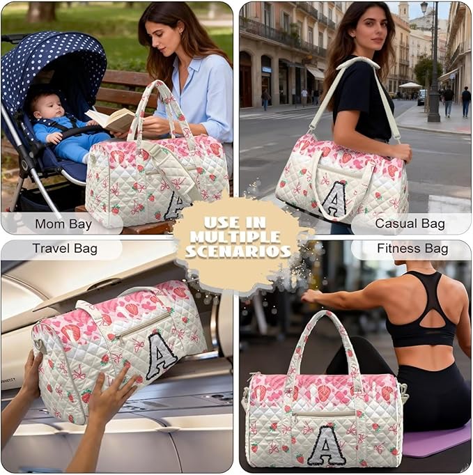 COEQINE Pink Quilted Gym Bag for Women Pink Strawberry Floral Bow Initial Name A-Z Personal Item Travel Bag Travel Duffel Bags for Men Women, Large Packable Backpack