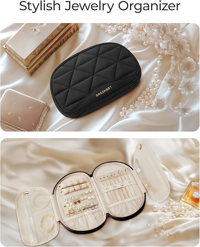BAGSMART Travel Jewelry Case Jewelry Organizer Storage Roll Rings Necklaces Earrings Bracelets Brooches Watch Large Portable Black