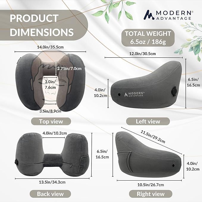 Modern Advantage Inflatable Travel Pillow for Airplanes with Comfort Hood, Adjustable Neck Support, Lightweight & Compact Flight Pillow for Sleeping on Long Flights & Travel (Grey)
