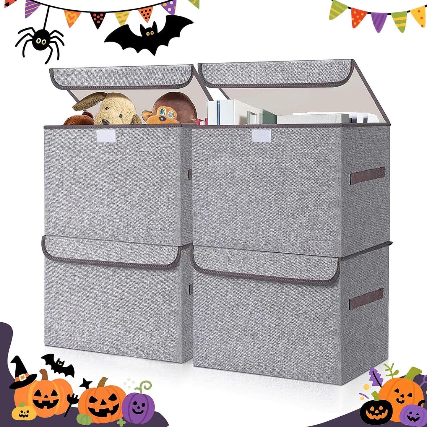 Large 22 Quart Linen Fabric Foldable Storage Bin Cube Organizer Basket with Flip-Top Lid & Handles, Clothes Blanket Box for Home, Office, Closet, Gray, 4 Pack 14.6 x 9.5 x 9.5”