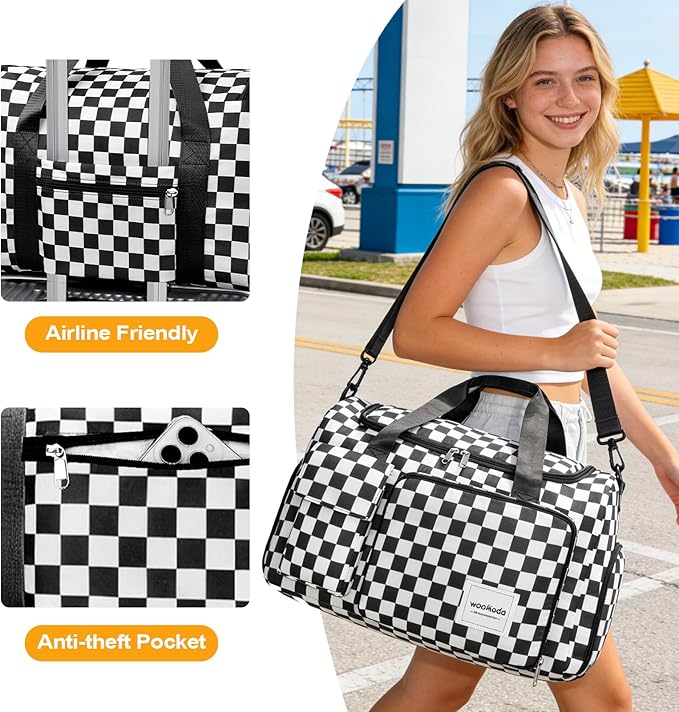 WOOMADA Foldable Travel Duffel Bag for Women, Weekender Bags with Shoes Compartment,Overnight Bag with Wet Pocket & Trolley Sleeve(black&white checkboard)