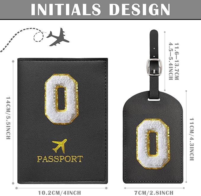 COSHAYSOO Black Passport Cover and Luggage Tag Set TSA Approved with Her Initial Chenille Letter Patch, Trendy Traveling Bag Backpack Suitcase Identifier Christmas Gifts for Women Girls (O)