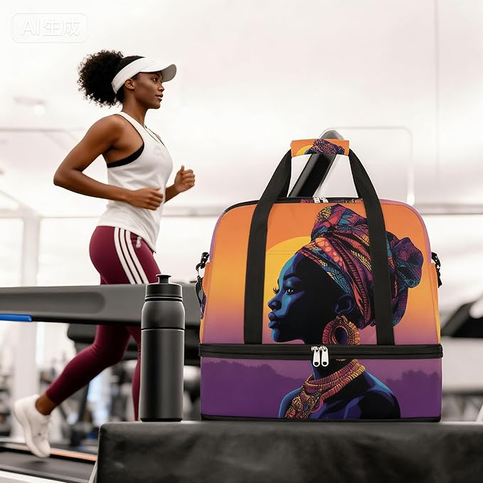 Foldable Travel Duffel Bag for Women - Carry on Personal Item Bag with Shoes Compartment, Weekender Overnight Duffle Bags Sport Tote Gym Luggage for Airplanes(Traditional African woman)