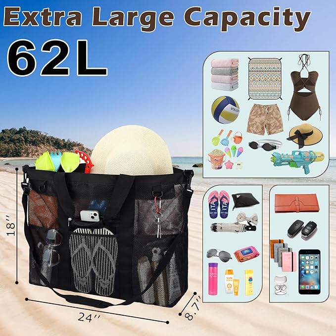 Mesh Beach Bag, Large Beach Tote with Zipper Pocket, Toys Pool Bag for Family Travel Vacation Cruise Essentials