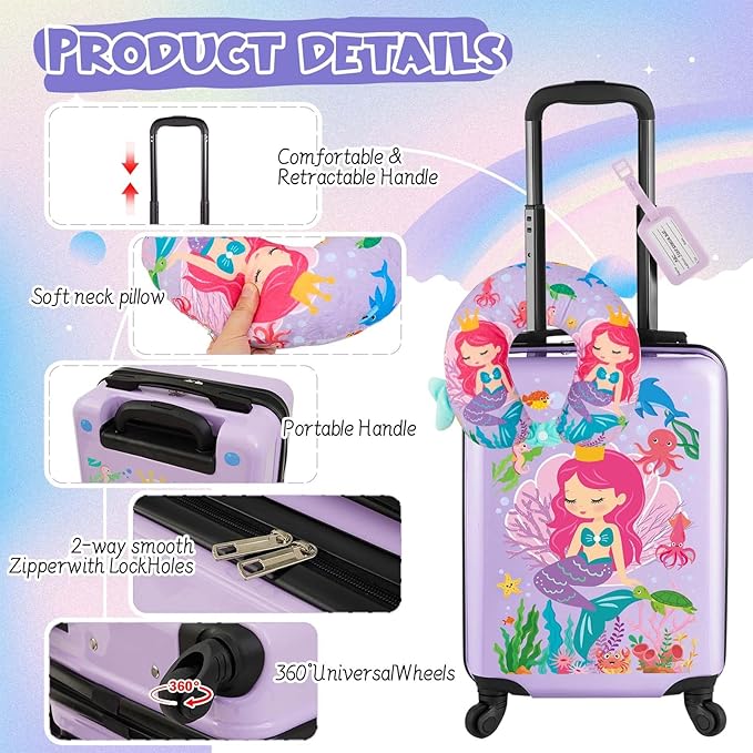Sanwuta 4 Pcs Kids Luggage Set Rolling Suitcase Backpack U-shaped Pillow Kids Carry On Gift for Summer Travel Family Trip(20 Inch,Mermaid Style,Purple)