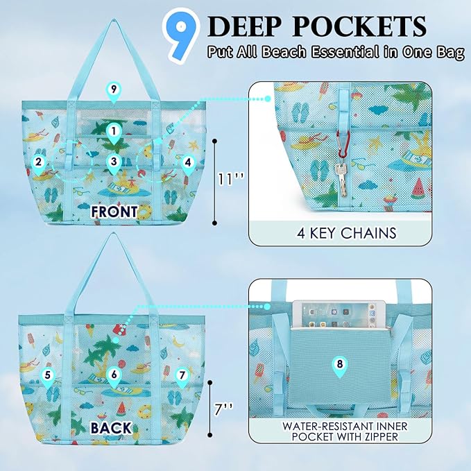 Mesh Beach Bag, Large Beach Tote with Zipper Pocket, Toys Pool Bag for Family Travel Vacation Cruise Essentials