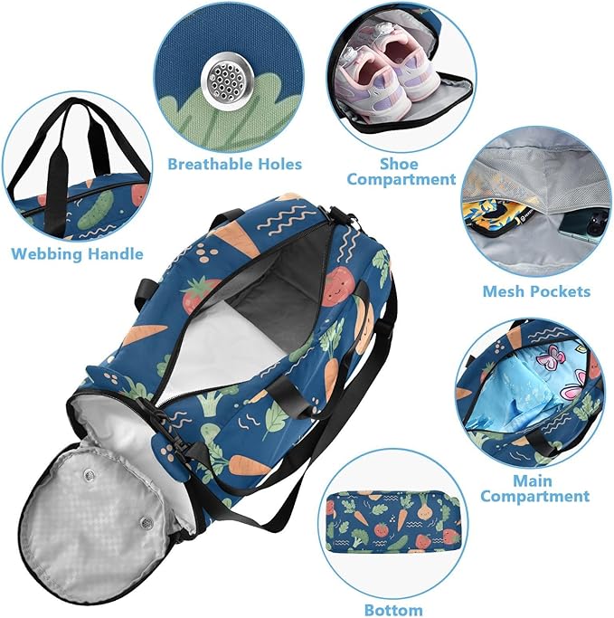 Cartoon Vegetables Blue Print Kids Sports Duffle Bag for Boys Girls Toddler Weekender Overnight Bag with Shoe Compartment & Wet Pocket Travel Foldable Bag for Sport Dance Travel Gym