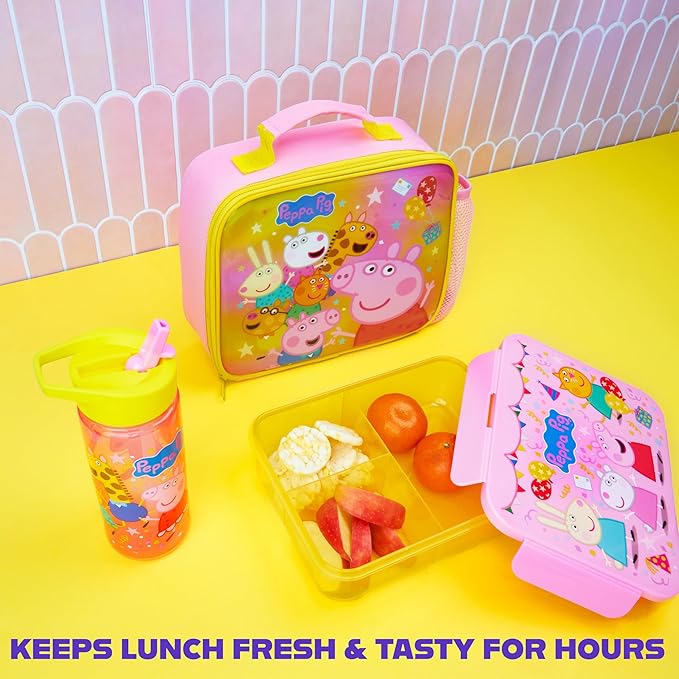 Get Trend Peppa Pig Lunch Bag, Lunch Box, Water Bottle for Kids 3 Piece Set Bento Box, Insulated Snack Container, Meal Holder Gifts for Kids (Multi Peppa Pig)