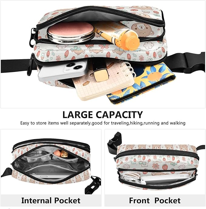 Kawaii Bear Strawberry Fanny Pack for Women Men Water Resistant Fashion Waist Packs with Adjustable Strap Belt Bag for Travel Workout Jogging Hiking 21220259