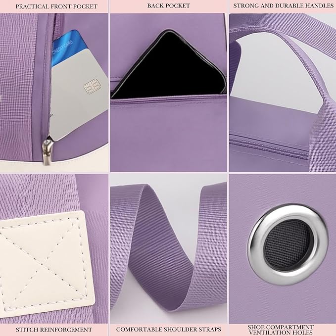 J&G Waterproof Gym Duffel Bag – Lightweight Travel & Sports Bag with Shoe Compartment and Wet Pocket for Men & Women – Carry-On Weekender for Gym, Beach, Trips – 8 Colors (Light Purple)
