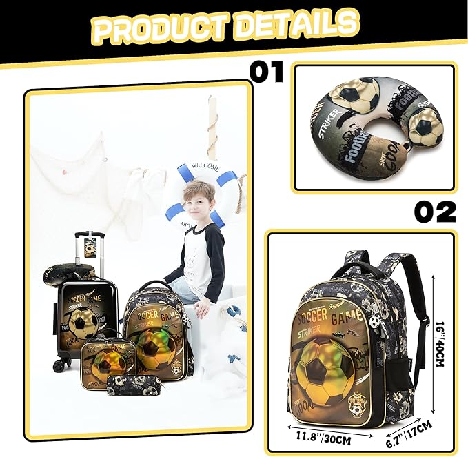 Kid's Football Luggage Set 5 Piece Suitcase Set 16" Hardside Luggage with Spinner Wheels Boys Carry on Toddler Travel Rolling Luggage Airline Approved