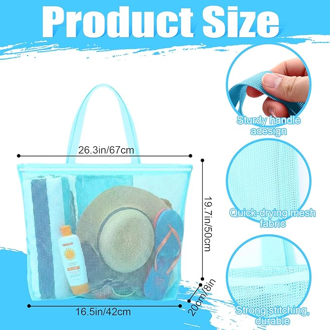 3 Pcs Mesh Beach Bags Portable Mesh Shower Beach Toy Bag With Drawstring Extra Large Tote Hanging Toiletry Bath Organizer for Camping Swimming Gym Travel