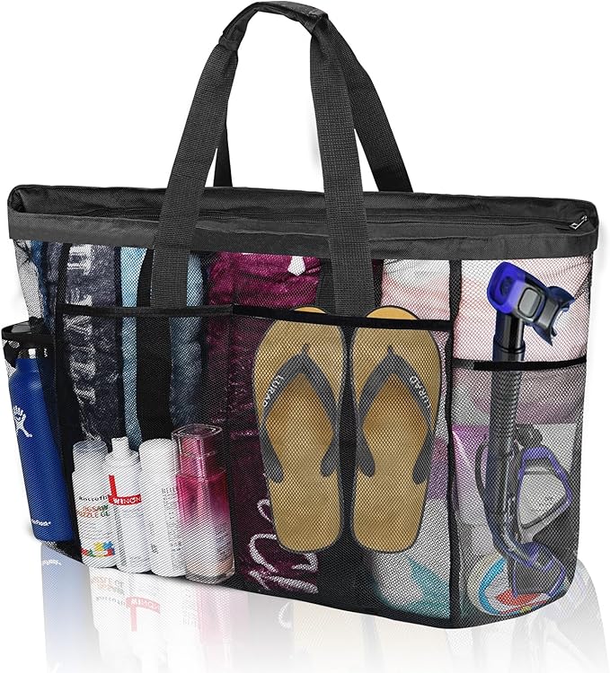 Mesh Beach Bags for Women - Family Beach Tote Bag for Toys, Towels, Travel Vacation Cruise Essentials