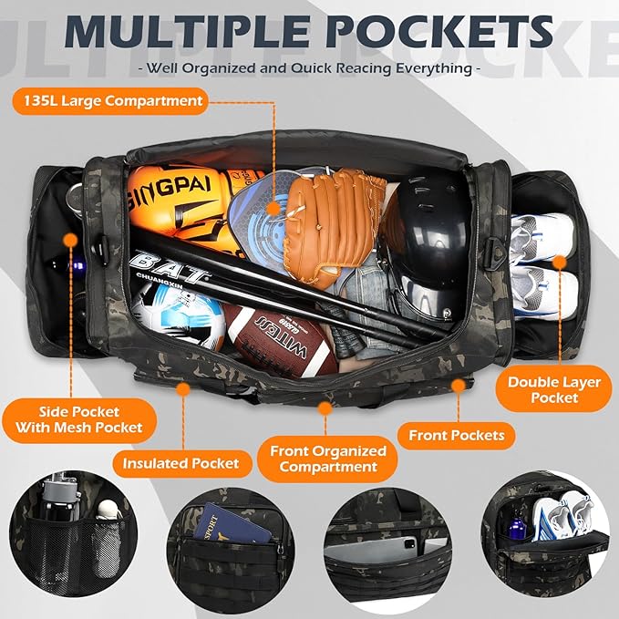 135L Large Duffle Bag, Heavy Duty Duffle Bag for Travel, Extra Large Sports Gym Equipment Bag for Soccer Baseball Basketball Hockey Football, Black CM