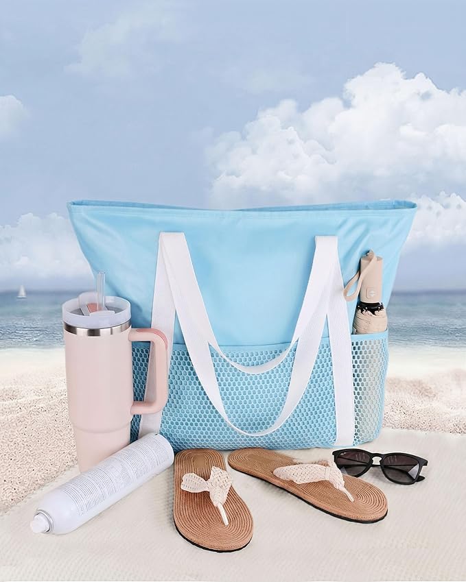 HOMESPON Beach Bag Large Waterproof Sandproof Tote for Women with Zipper and Mesh Pockets
