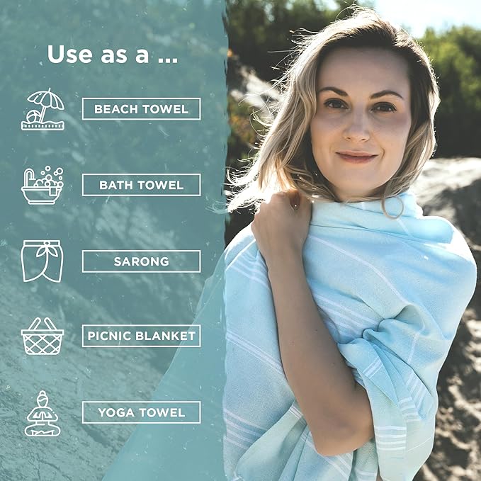 Large Turkish Beach Towel, Classic Denim Blue - Super Soft & Lightweight Quick Dry Absorbent Towels for Beach, Picnic Blanket or Bath Towel - Sand Free Organic Turkish Cotton Yarn