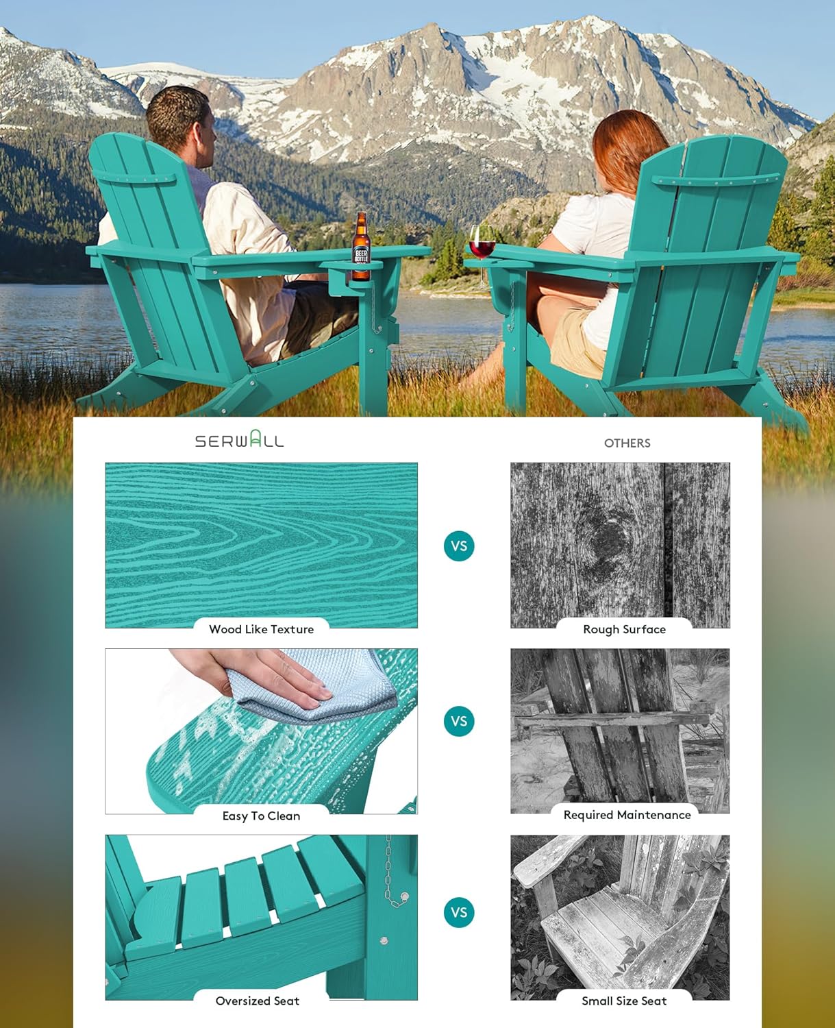 SERWALL Adirondack Chair with Cup Holders - Composite Adirondack Chairs Set of 2 HDPE Outdoor Chairs All Weather Use- Aruba