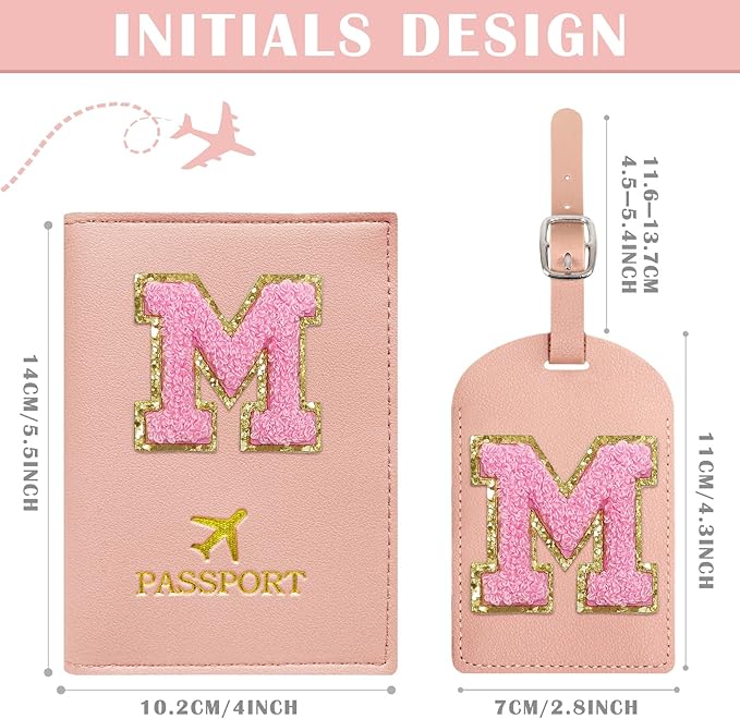 COSHAYSOO Initial Passport Cover Luggage Tag Set Letter Passport Holder Airplane Cruise Travel Essentials Vacation Traveling Accessories Personalized Gifts for Women Teen College Girls Pink M