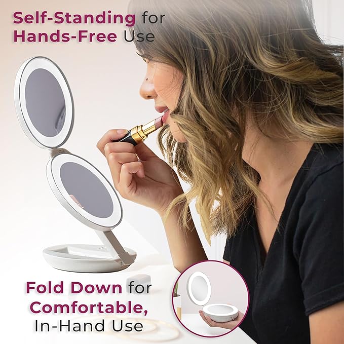 Zadro Compact Travel Makeup Mirror with Lights, 10X/1X Dual Magnification, LED Lighted Folding Design, Battery Operated Portable Mirror for Purse, Desk, or Travel Use (Shadow)
