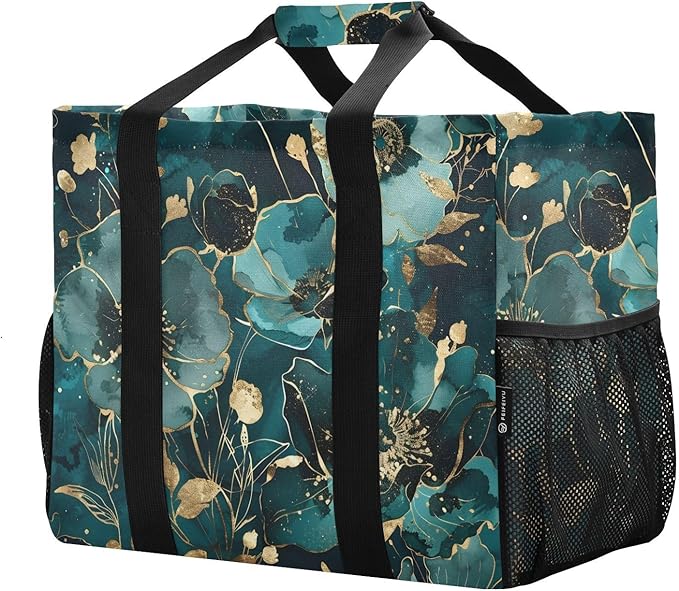Bolaz Travel Tote Bag，Gym Bag for Men,Waterproof Beach Bag for Women Foldable Reusable-Watercolor Flower Green Gold Pattern