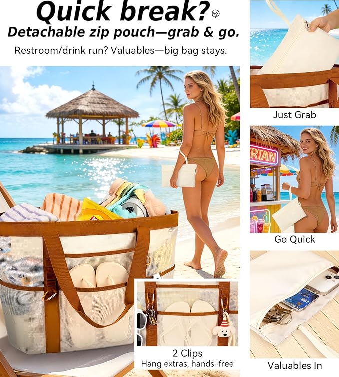2026 Chic & Spacious XX-Large Beach Bag for Women — Mesh × Canvas Tote with Top Zipper, 11 Pockets, Detachable Pouch | 40L+ Spacious, 11 Tall Pockets, Zipper Pouch, Secure Zip-Top, Sand-Resistant Base