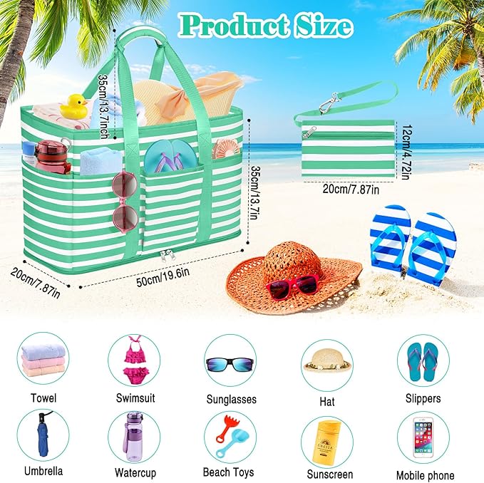 Large Beach Bag with Zipper, 12 Pockets Waterproof Sandproof Pool Bag Womens Mesh Beach Tote Bag for Travel Vacation