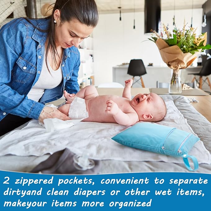 Shappy 4 Pcs Wet Dry Bag for Baby Cloth Diapers Waterproof Wet Bag Washable Travel Reusable with 2 Pocket for Swimsuits for Yoga Gym Travel Beach Pool(Sky Blue, Yellow, Green, Navy Blue)
