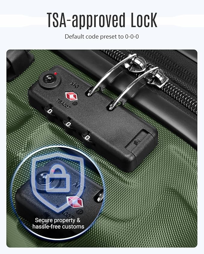 LIGHT FLIGHT Luggage Sets, 3 Piece Durable Suitcase Set with Spinner Wheels, 3 Pcs Hardside Lightweight luggage with TSA Lock, Large Checked Travel Suitcases, 20/24/28 Inch, Pine Green