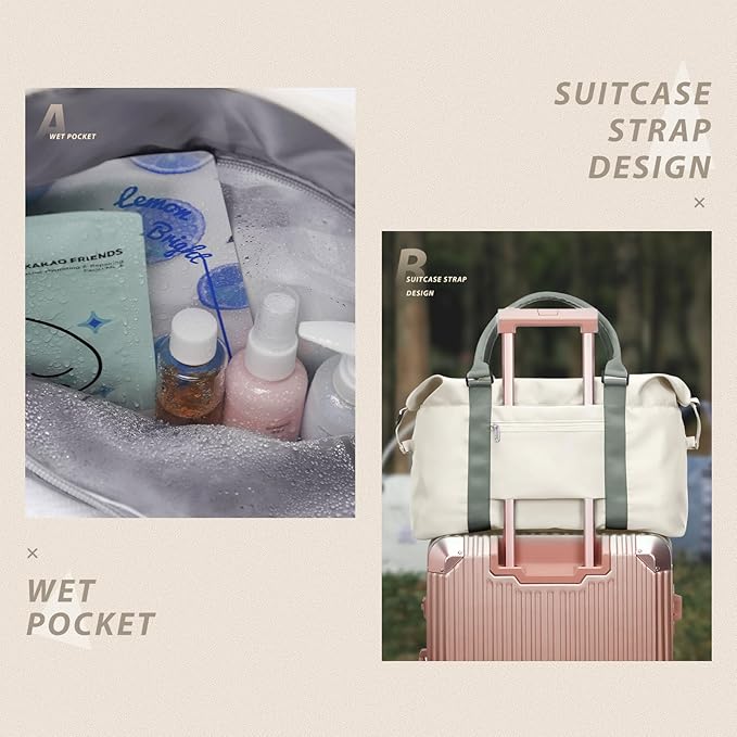 Travel Duffel Bags for Women Mens Waterproof Weekender Carry on Bag Sports Gym Bag Travel Tote Bags with Wet Pocket Overnight Bag Workout Duffel Bags with Trolley Sleeve Beige with Green