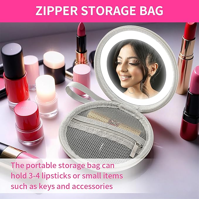 LED Makeup Mirror with Storage Pouch Portable Lighted Mirror, USB Rechargeable Travel Vanity Mirror with Waterproof Bag, 3 Color Modes, Gift for Women (Silver)