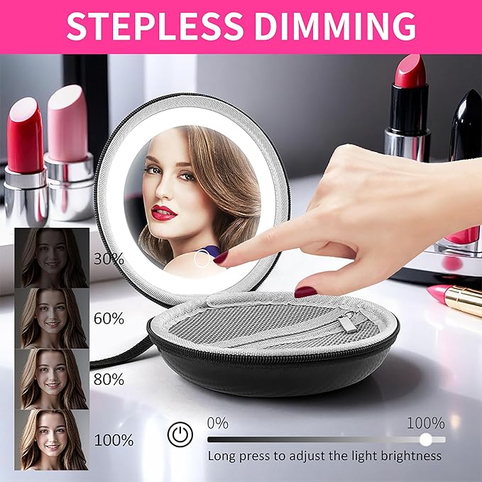 LED Makeup Mirror with Storage Pouch Portable Lighted Mirror, USB Rechargeable Travel Vanity Mirror with Waterproof Bag, 3 Color Modes, Gift for Women (Black)