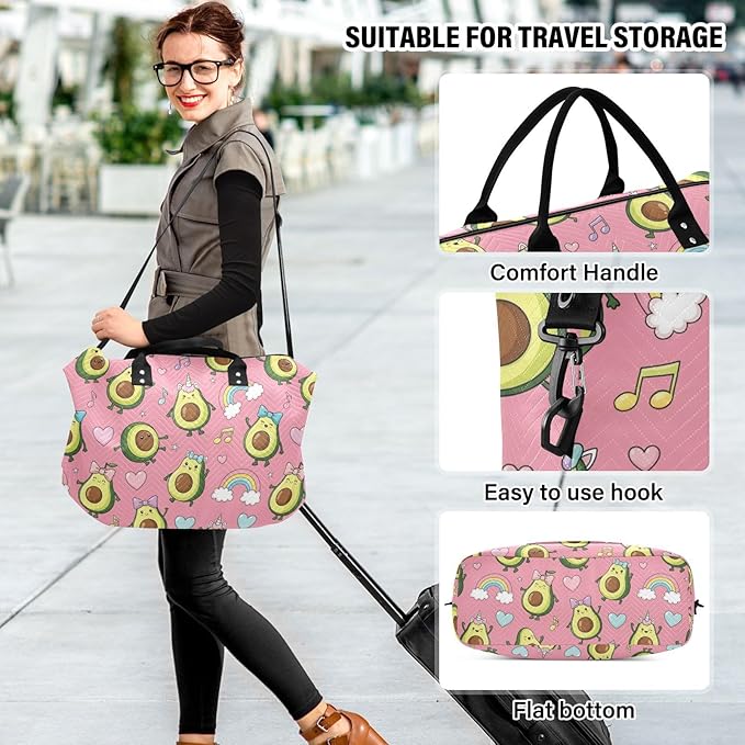 Cute Avocado Rainbow Pink Sports Gym Bag for Women Men Travel Duffel Bag Weekend Overnight Carry on Bag with Toiletry Bag Hospital Bag for Yoga Workout Swimming Hospital Plane