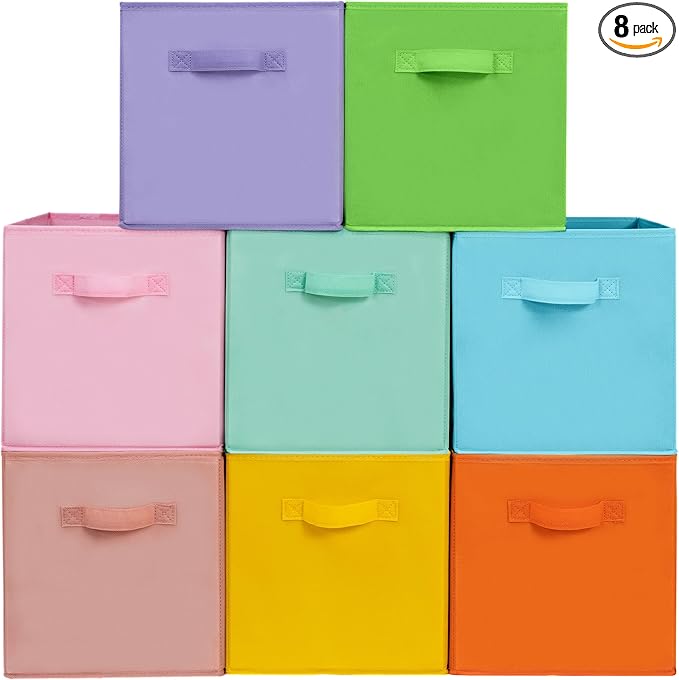 11 Inch Fabric Storage Cubes, Sturdy Foldable Storage Bins, Heavy Duty Cube Organizer for Clothes, Blankets, Shelves, Closets, Bedroom, Living Room, Multi-Color, 8 Pack