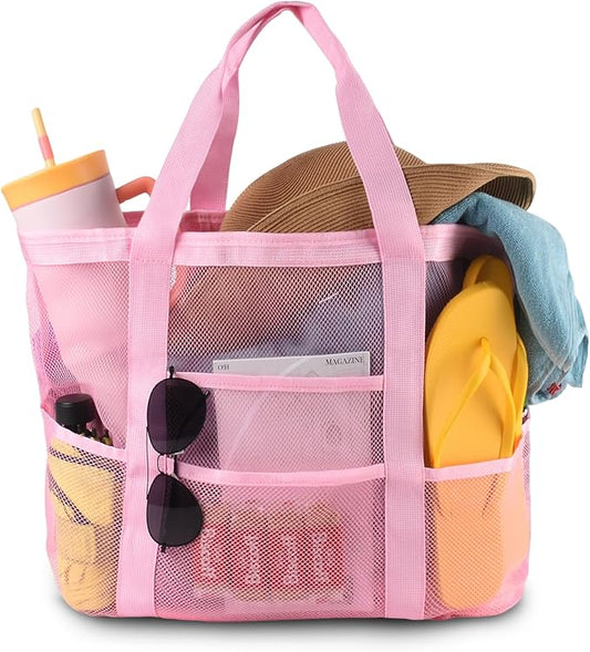 Genteen 40L Mesh Beach Bag, Foldable Sandproof Tote with Waterproof Pocket Quick Dry for Women Family Pool Vacation（White
