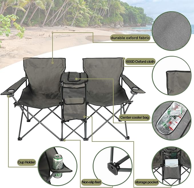 YILI Double Folding Camping Chairs, Portable Camping Chairs w/Removable Umbrella Mini Table Cooler Bag, Outdoor Picnic Double Folding loveseat Camp Chairs for Beach Patio Pool Park (Grey)