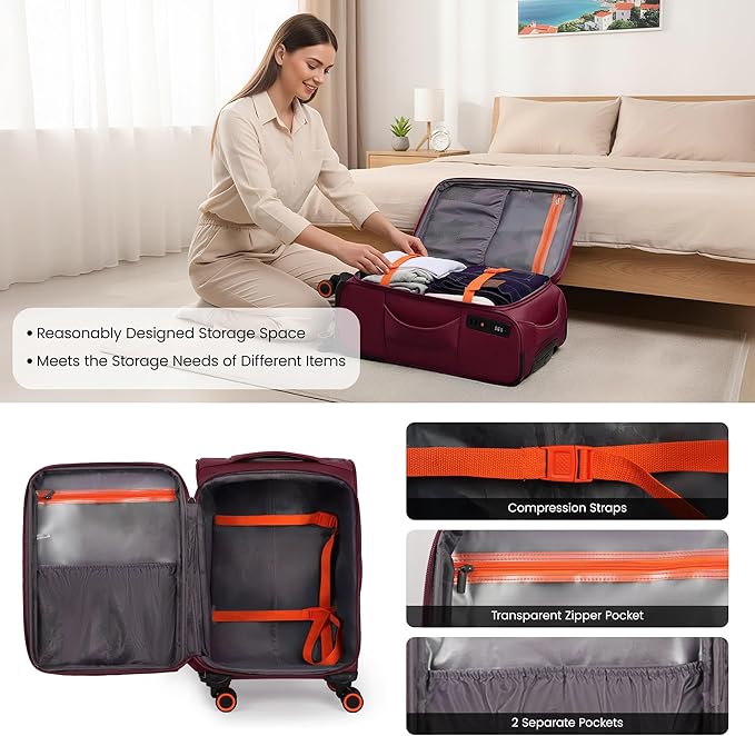 2-Piece Set (22in/28)Softside Expandable 20% Luggage w/Spinner Wheels,Front Opening Softside Luggage Sets w/TSA LOCK,Lightweight Durable Rolling Luggage for Men/Women（Burgundy,22in/28in）