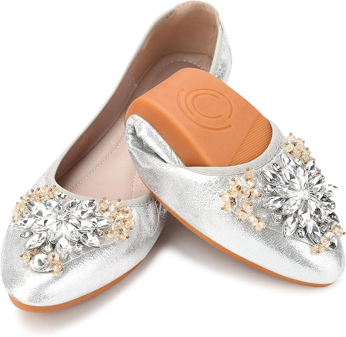 KUNWFNIX Women Ballet Flats Rhinestone Wedding Ballerina Shoes Foldable Sparkly Comfort Slip on Flat Shoes