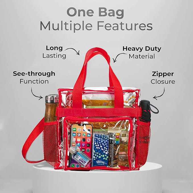 SP HOME GOODS Stadium Approved Clear lunch Bag (Red) with Adjustable Strap, Front Storage Compartment, and Mesh Pockets…