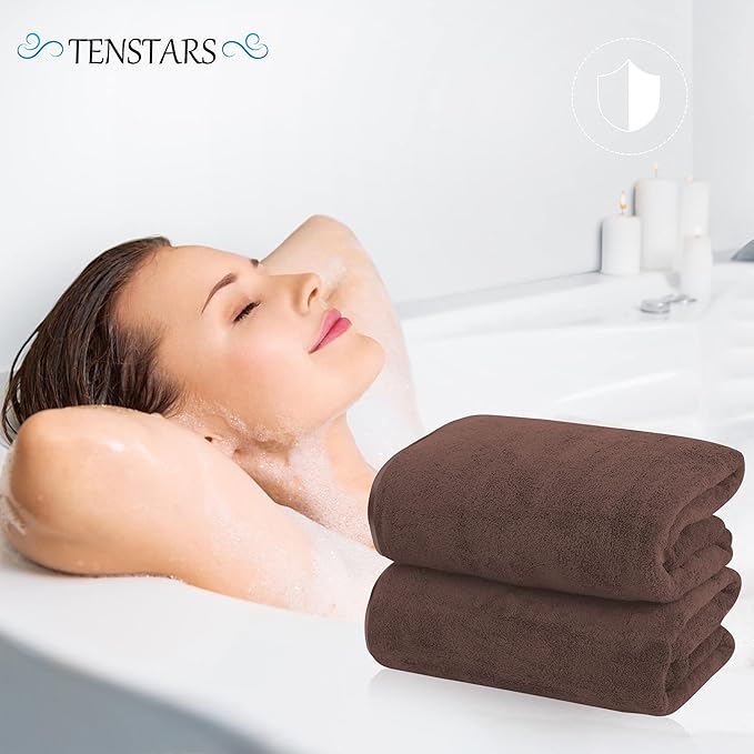 TENSTARS Silk Hemming Bath Towels for Bathroom Clearance - 27 x 55 inches - Light Thin Quick Drying - Soft Microfiber Absorbent Towel for Bath Fitness, Sports, Yoga, Travel, Gym - 2 Pack, Wood Brown